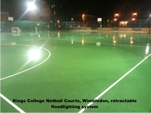 Kings College Netball Courts, Wimbledon, London, retractable floodlighting system